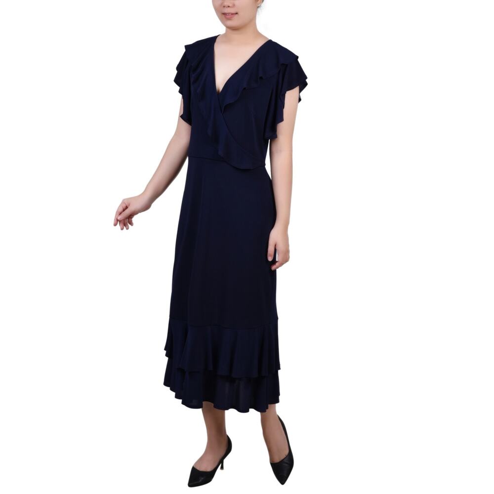 Ny Collection Women's Petite Flutter Sleeve Ruffle MIDI Dress Large Navy NWT